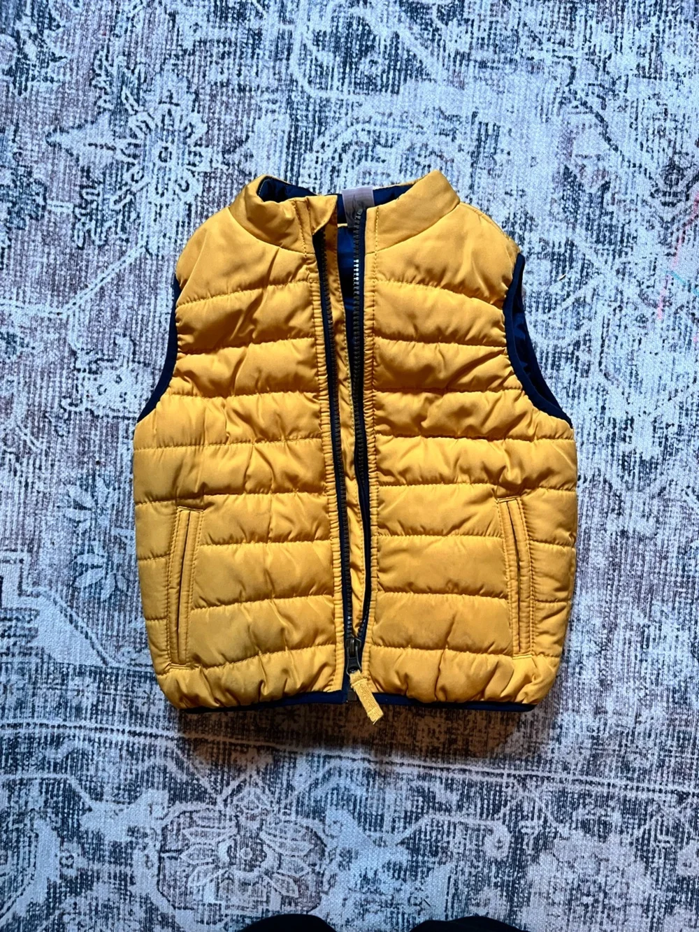 Old Navy Kids Puffer Vest in Mustard Yellow with Navy Trim